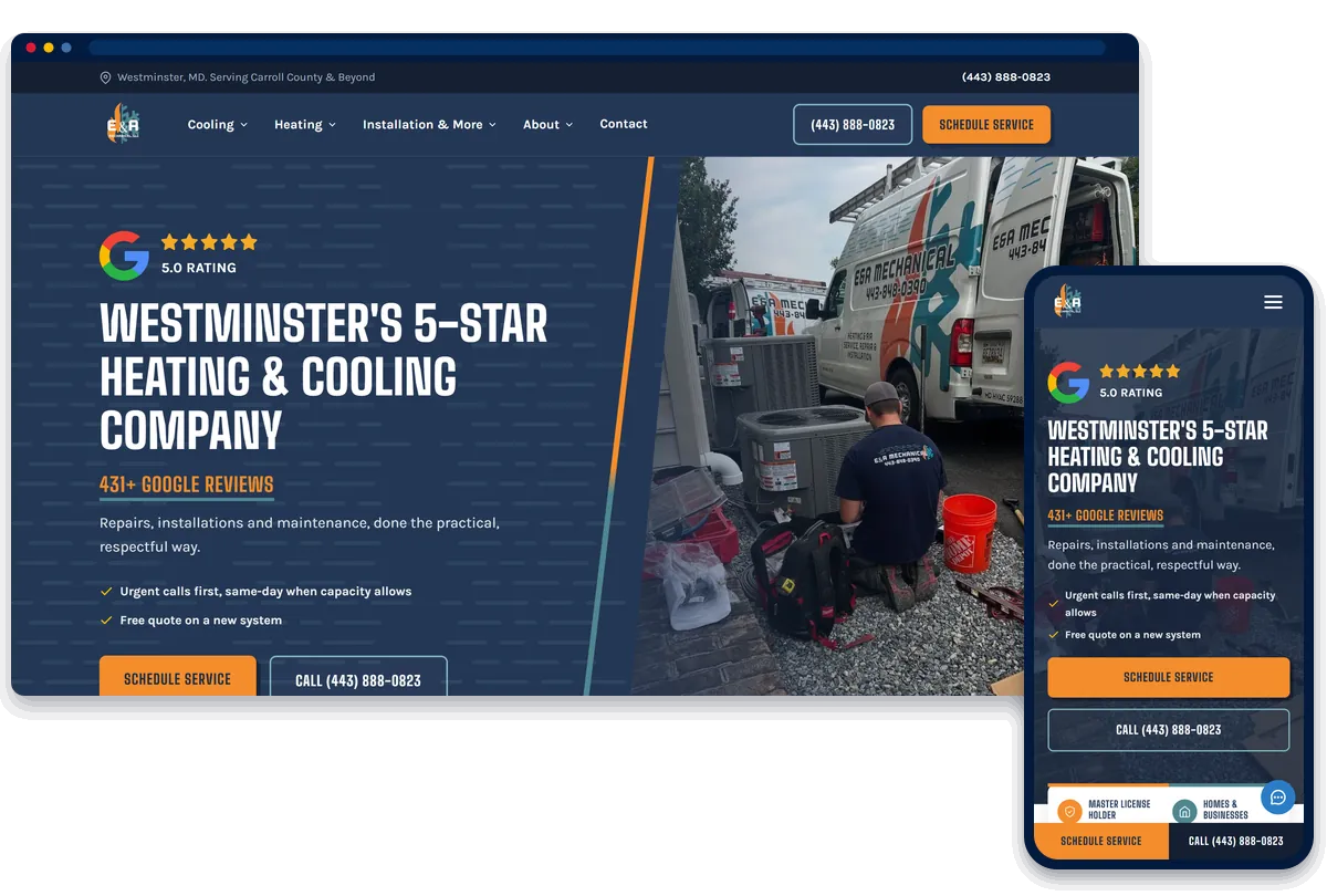 E&A Mechanical website on desktop and phone